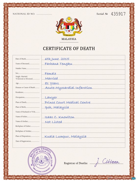 Download Malaysia death certificate PSD template Photoshop template